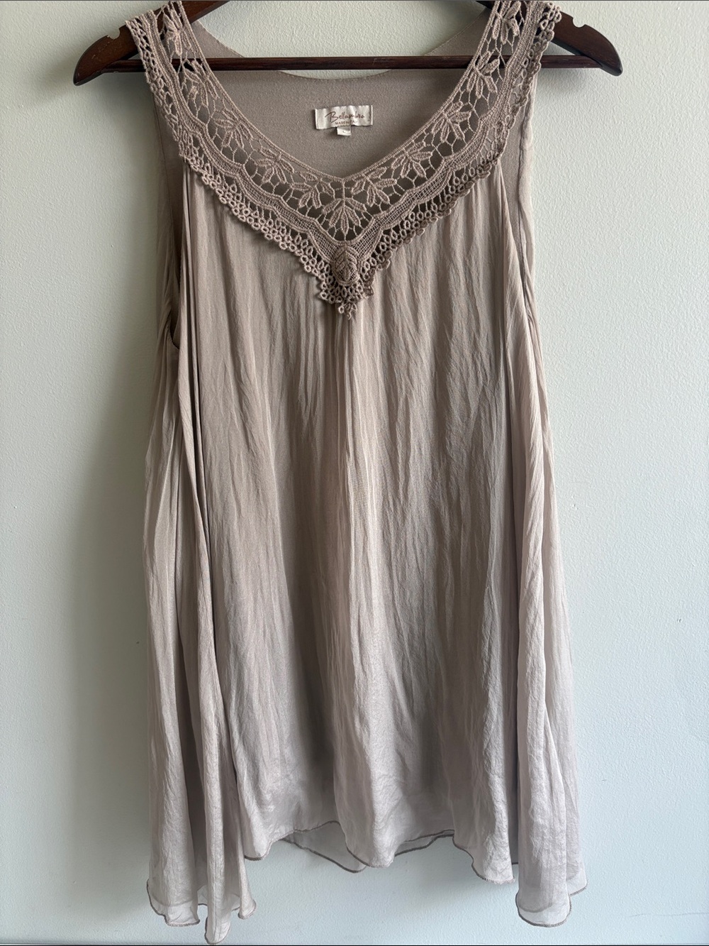 Bellambra 100% Silk Crochet Lace Tunic Top Taupe Boho Size L